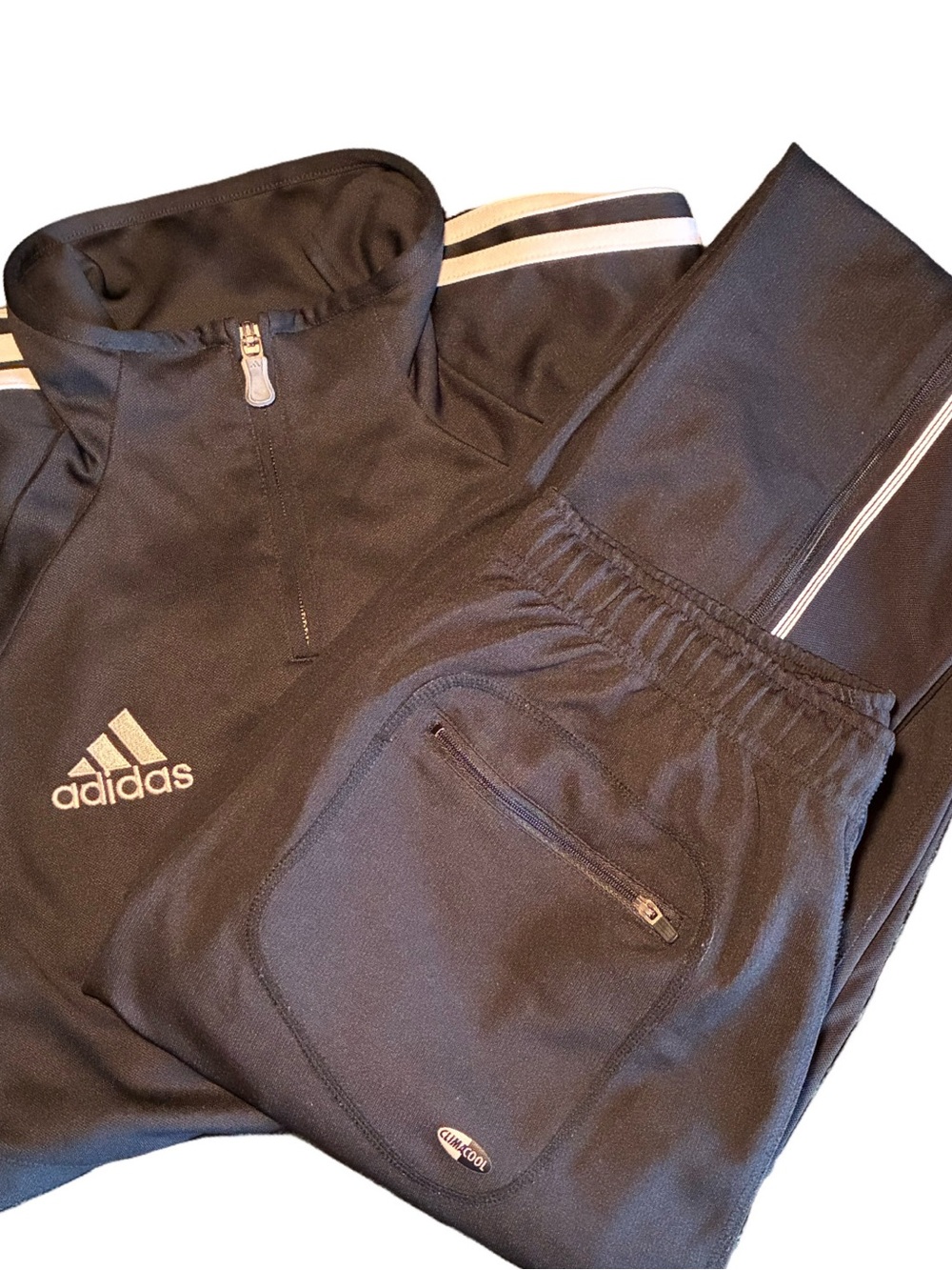 adidas Men’s Black Athletic Pants + Half-zip Jacket with White Stripes